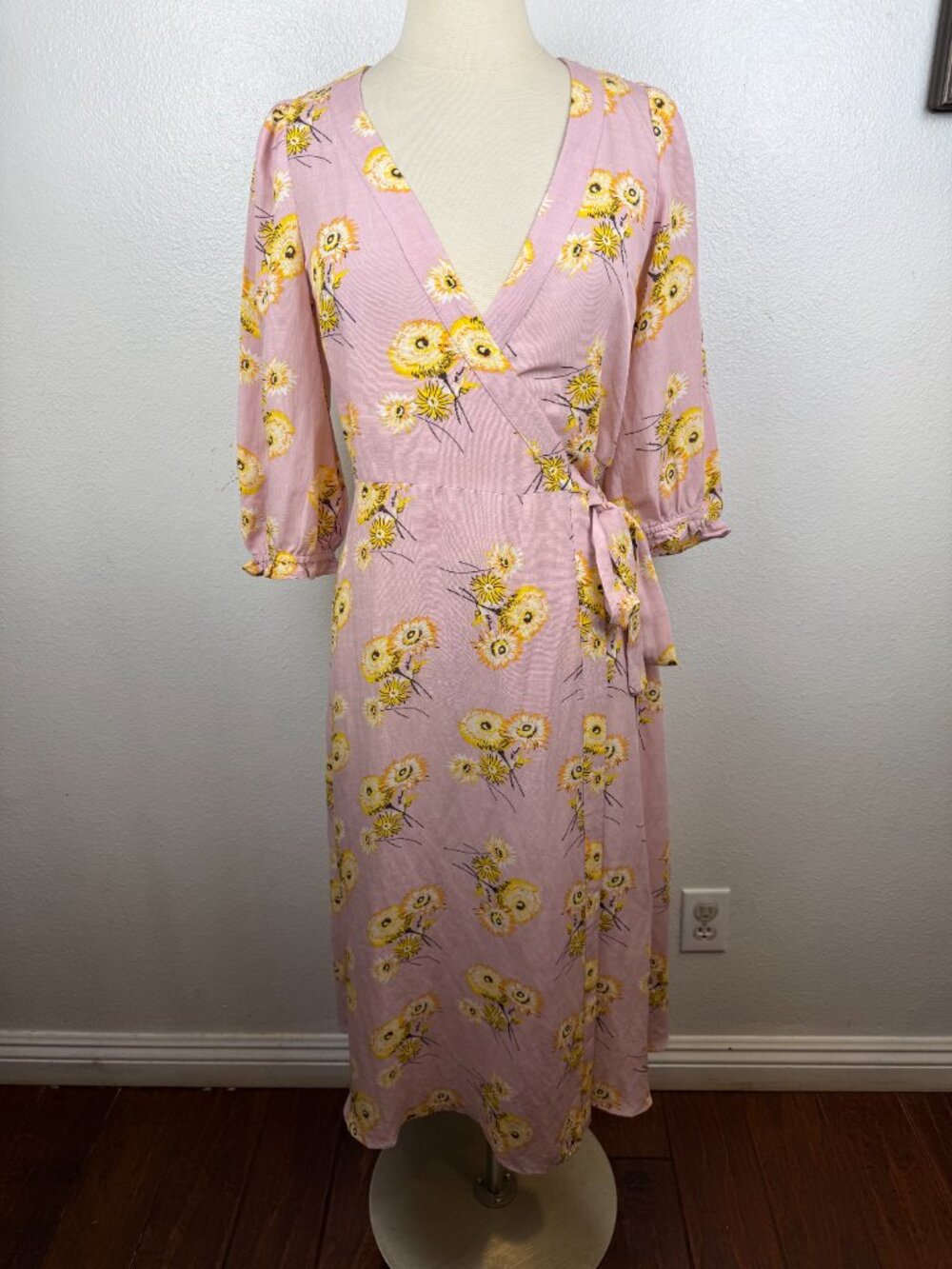Madewell Linen-Blend Ruffle Wrap Dress Pink Floral Dutch Dandelions Size XS